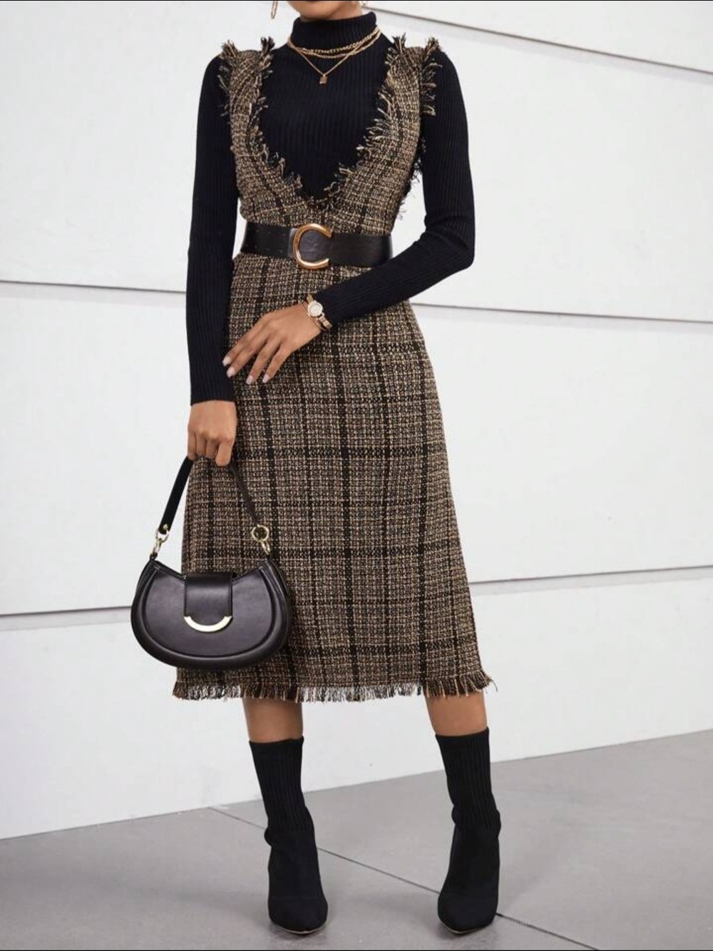 SHEIN Brown Plaid Fringe Midi Dress with Deep V